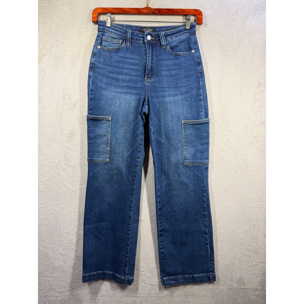 Judy Blue Wide Leg Jeans Womens 7/28 Blue Cargo Pocket Stretch Denim High Rise